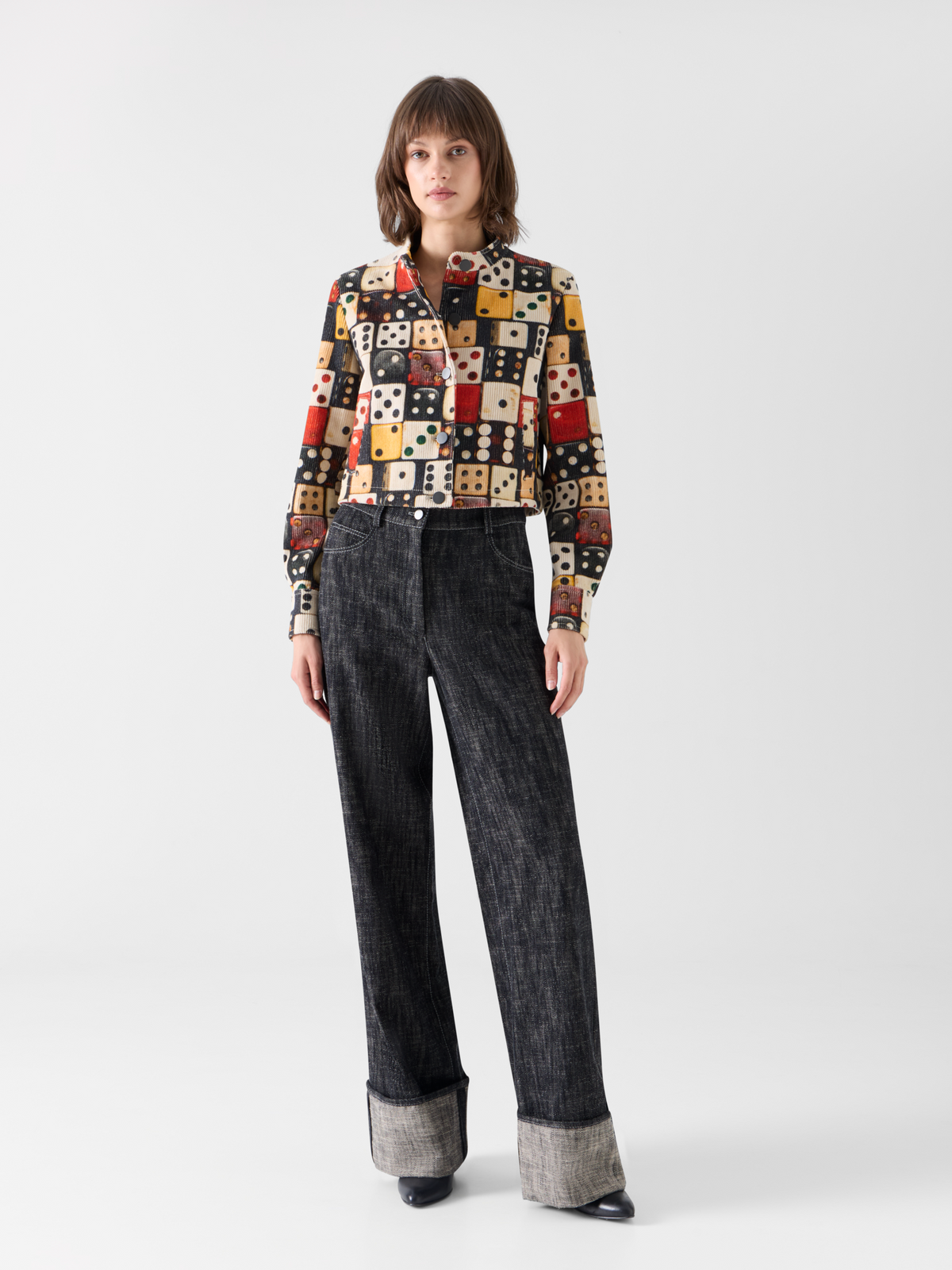 Designer Corduroy Jacket with Large Dice Print - multicolor 