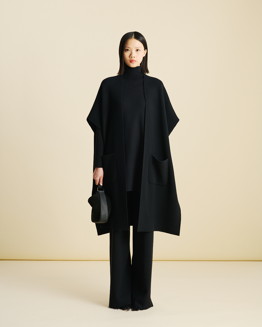 Designer Bi-Color Cashmere Double-Face Knit Cape - black - neutral - navy - blue - multicolor #editorial