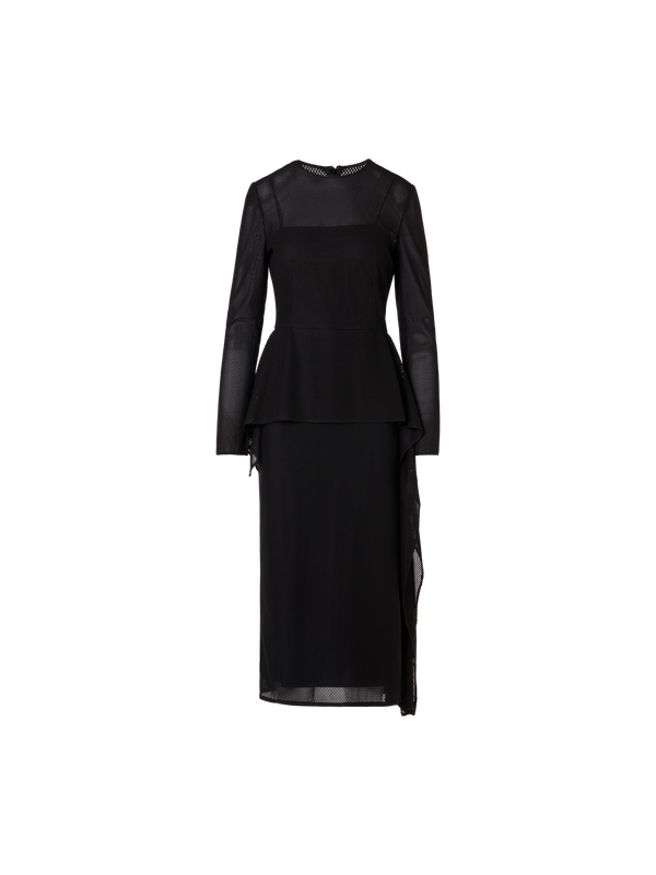 Designer Techno Grid Midi Dress with Waist Draping - black