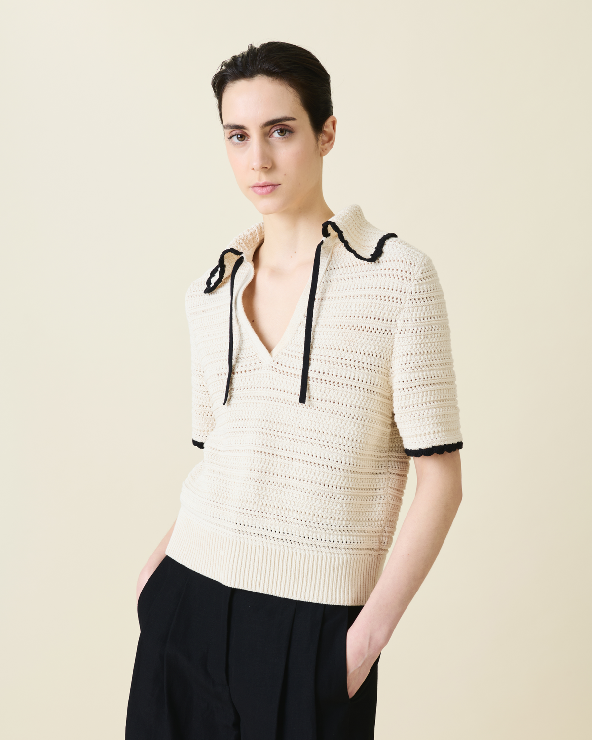 Designer Chunky Cotton Knit Top with Contrast Trim - neutral - multicolor - beige #editorial