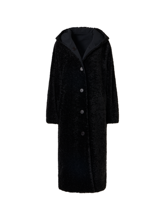 Designer Reversible Oversize Hooded Faux Fur Coat - black