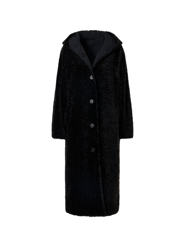 Designer Reversible Oversize Hooded Faux Fur Coat - black