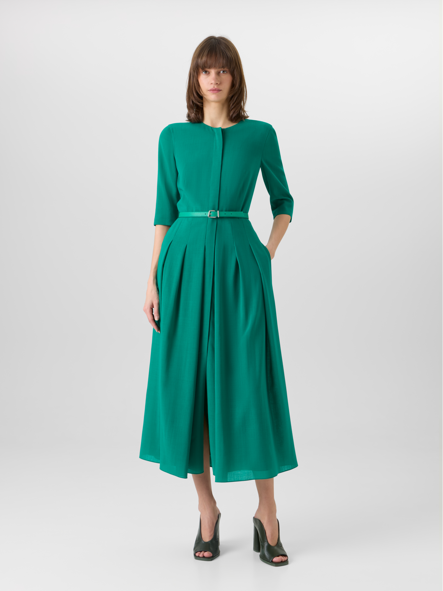 Designer Long-Sleeve Wool Shelly Midi Dress - green 