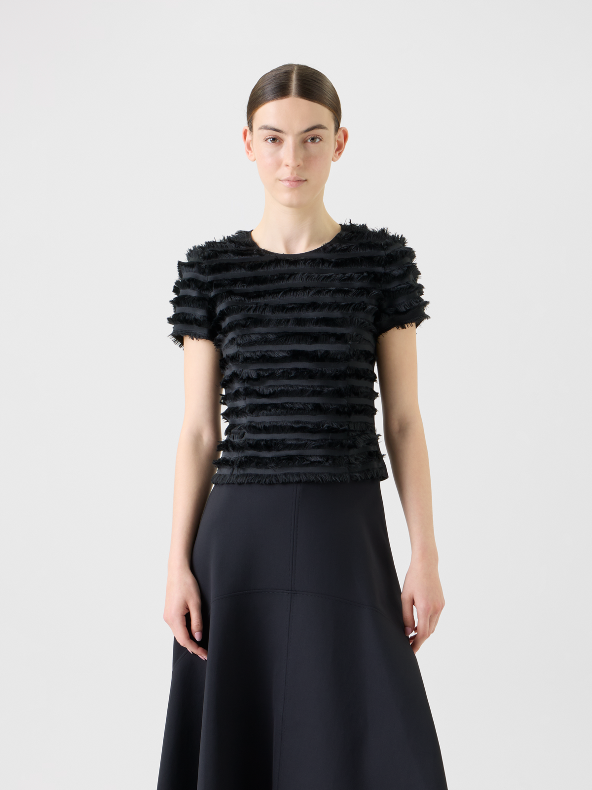 Designer Fitted Short Sleeve Top with Fringe Stripes - black - neutral #editorial