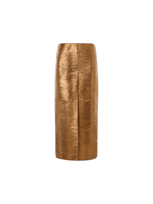 Designer Midi Pencil Skirt in Lamé Leather Stripe Embroidery - gold