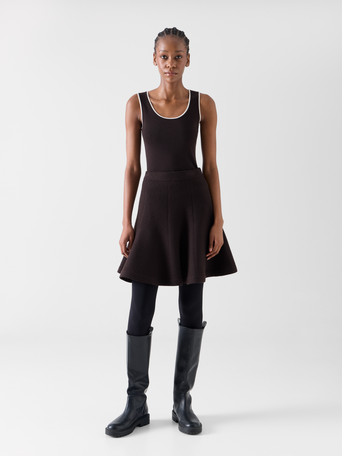 Designer Flared Skirt in Boiled Wool - brown #editorial