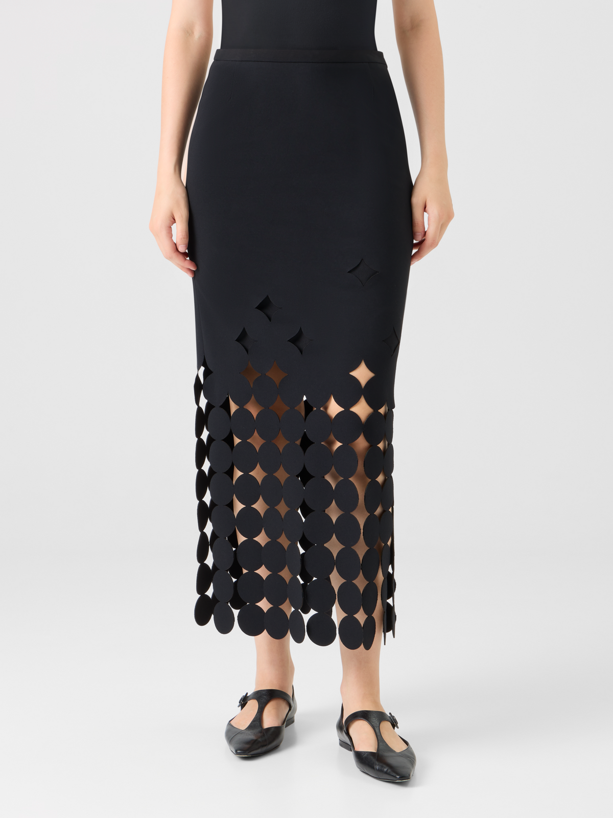 Designer Dropping Dot Cut-Out Jersey Midi Skirt - black #editorial