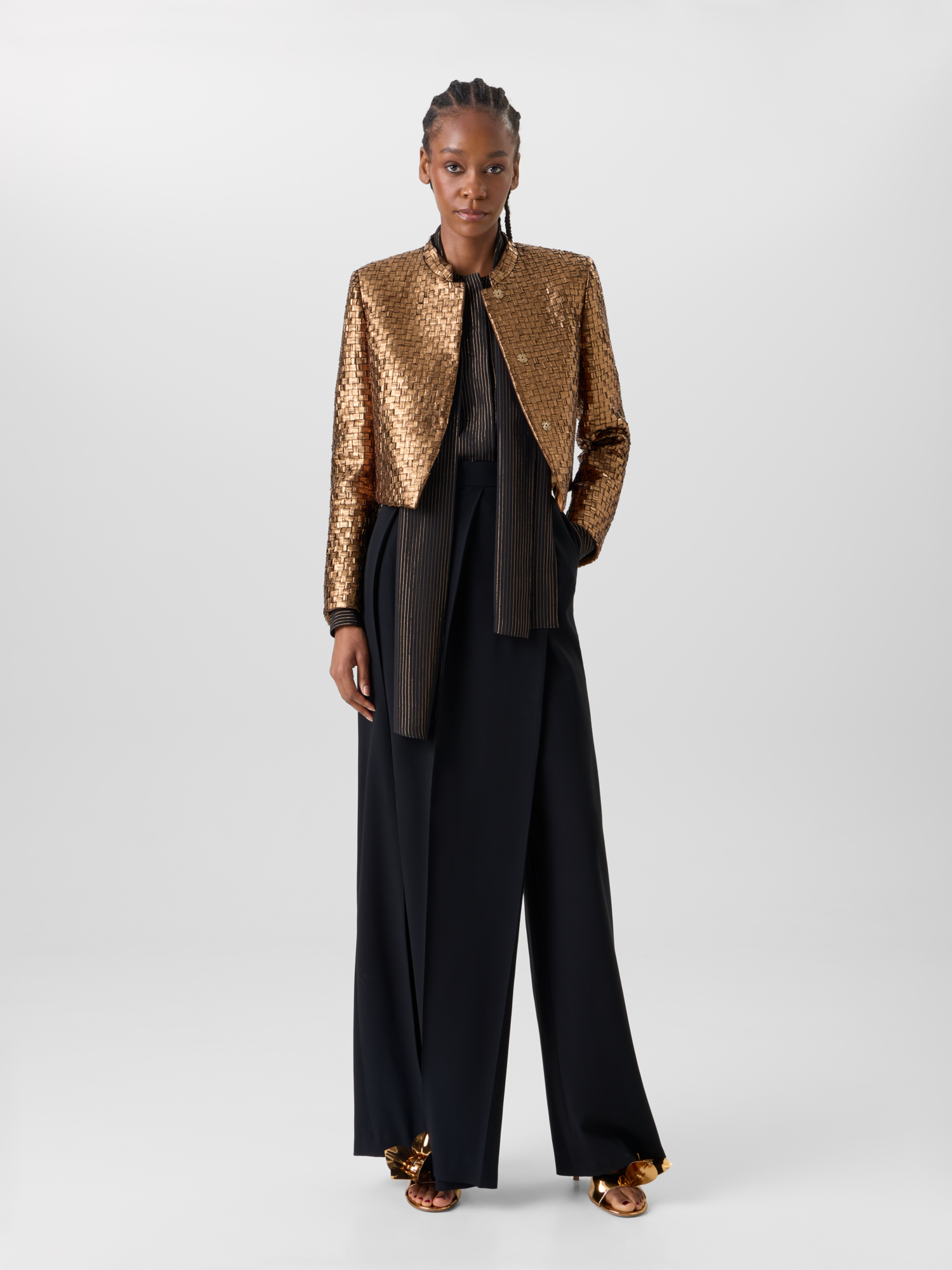 Designer Short Metal Braid Jacket with Satin Details - gold 