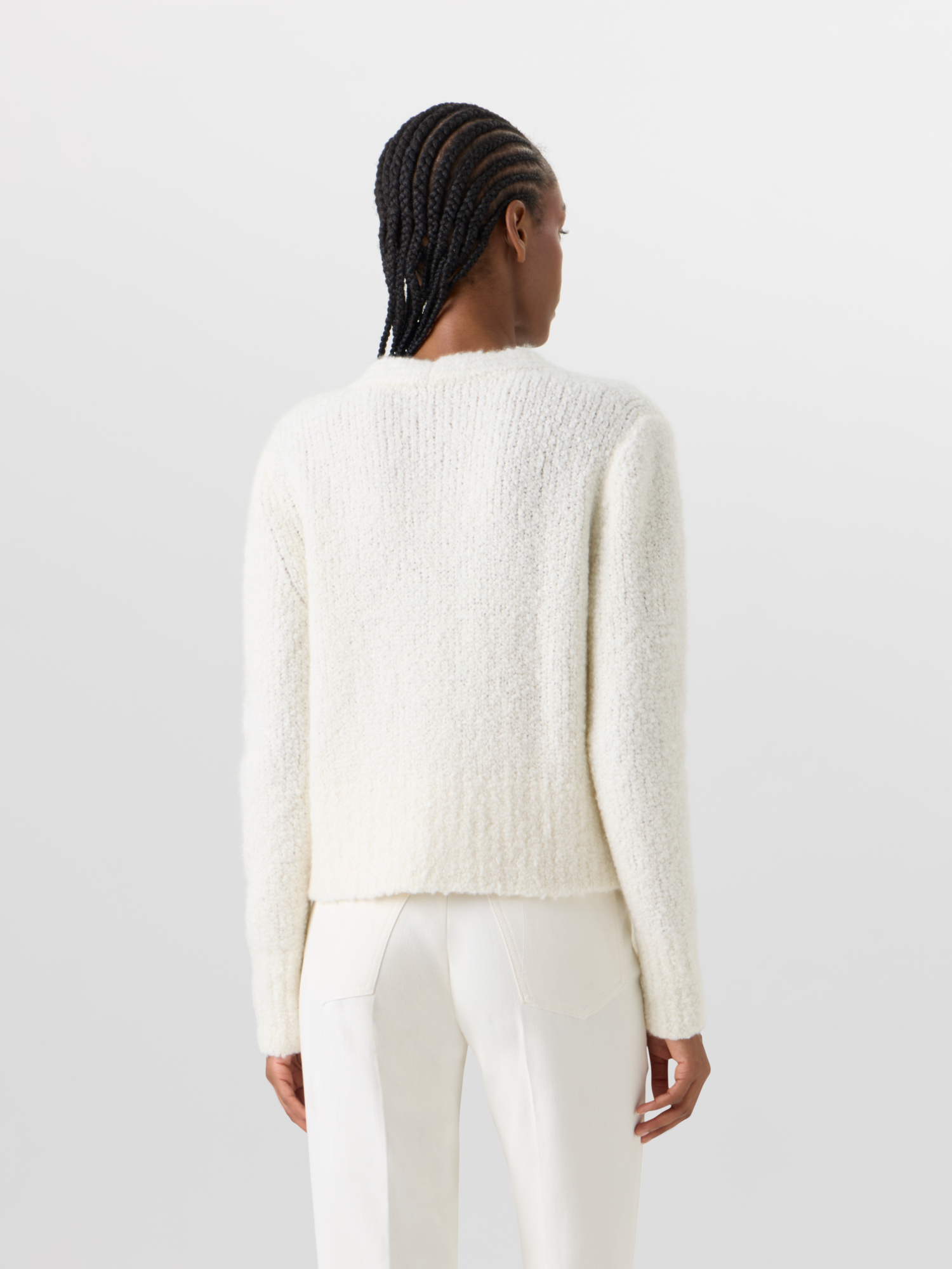 Designer Bracelet-Sleeve Cashmere-Silk Bouclé Knit Short Cardigan - ecru 