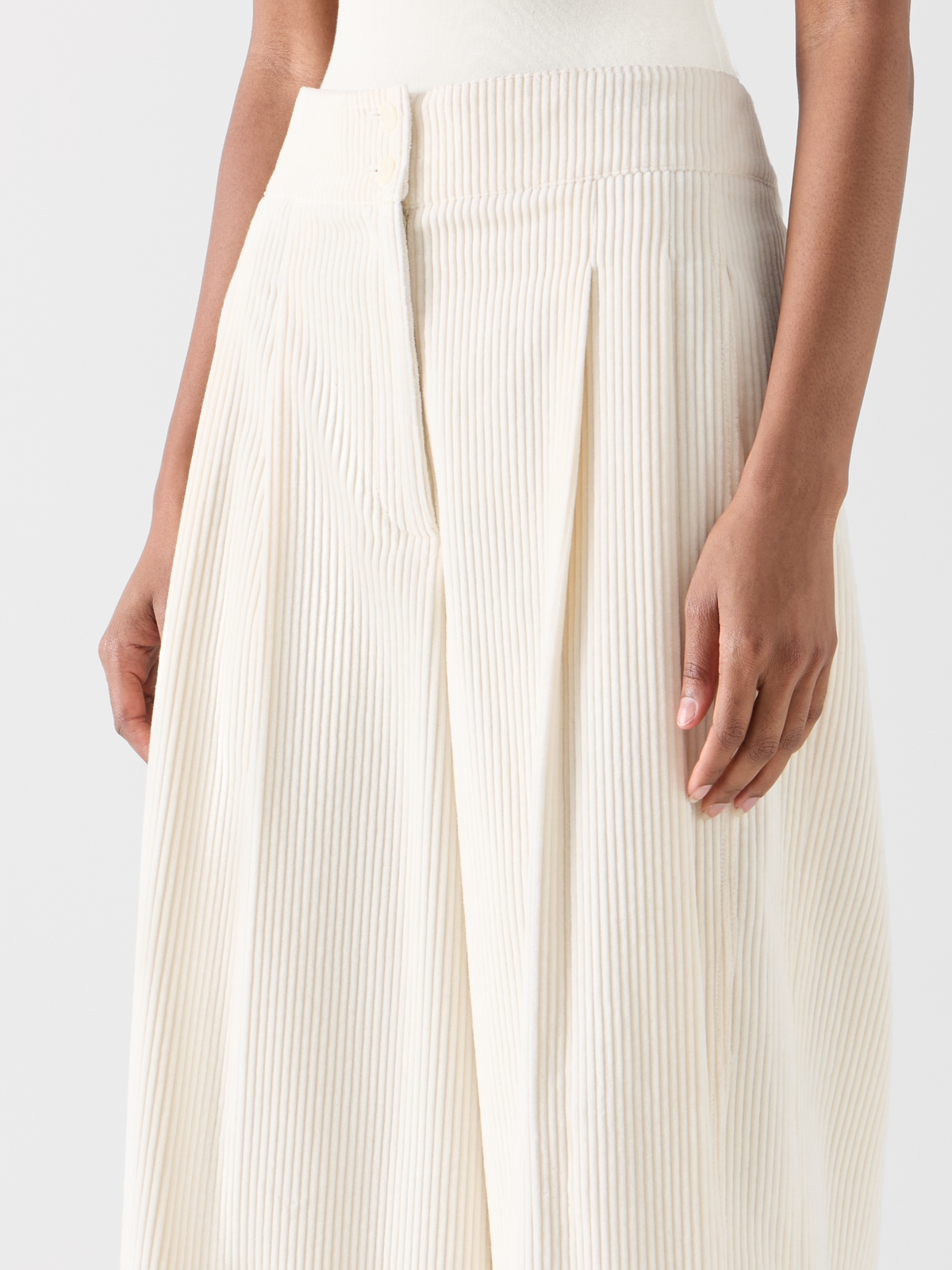 Designer Cropped Wide Pleated Pants in Cotton Corduroy - ecru #editorial