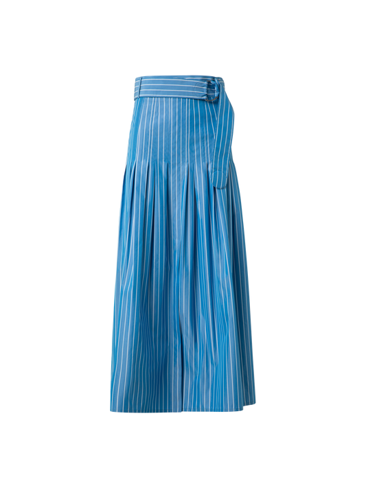 Designer Pleated Midi Skirt in Striped Cotton - blue - multicolor
