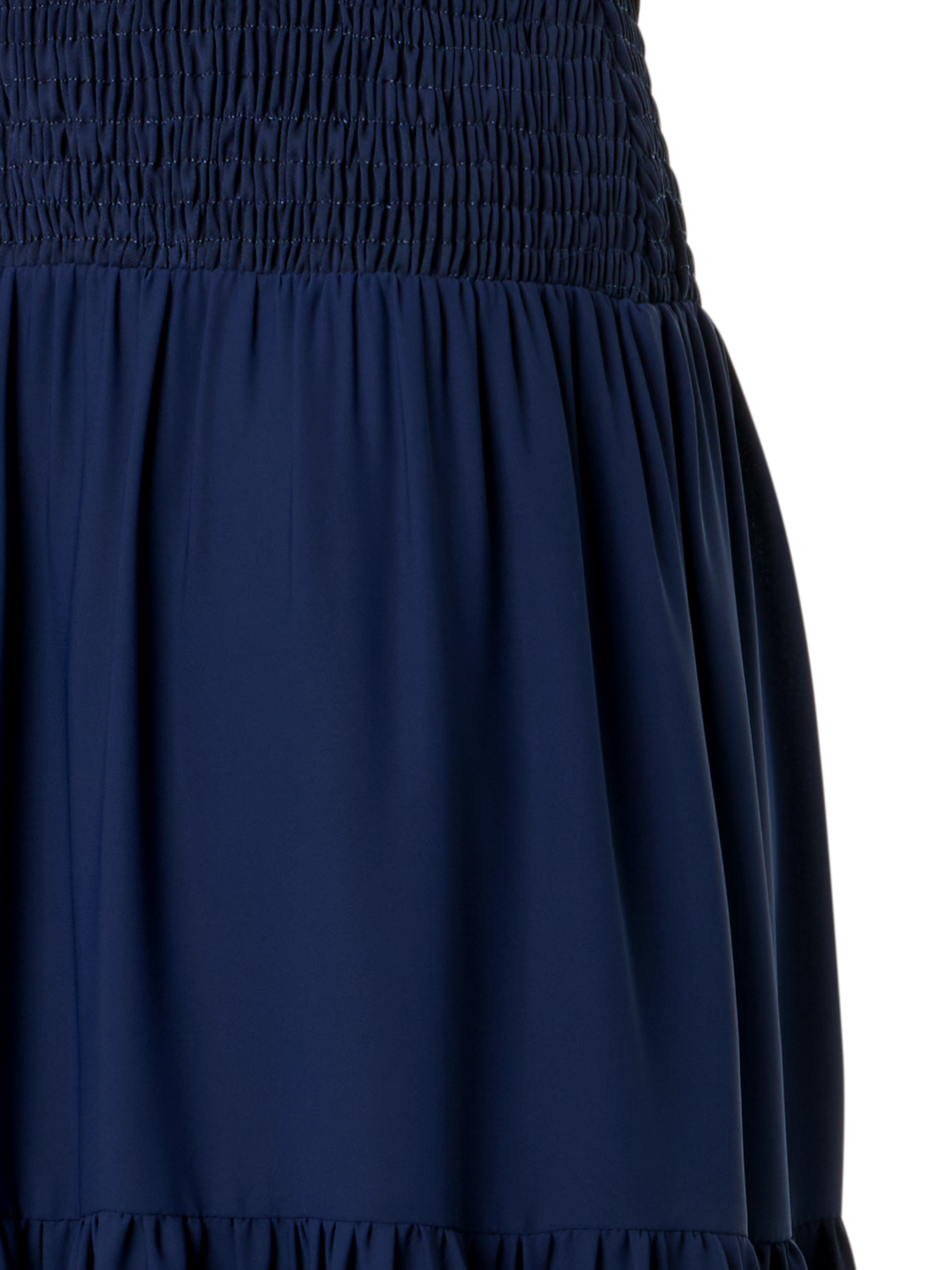 Designer Fitted Smocked Georgette A-Line Midi Dress - navy - blue