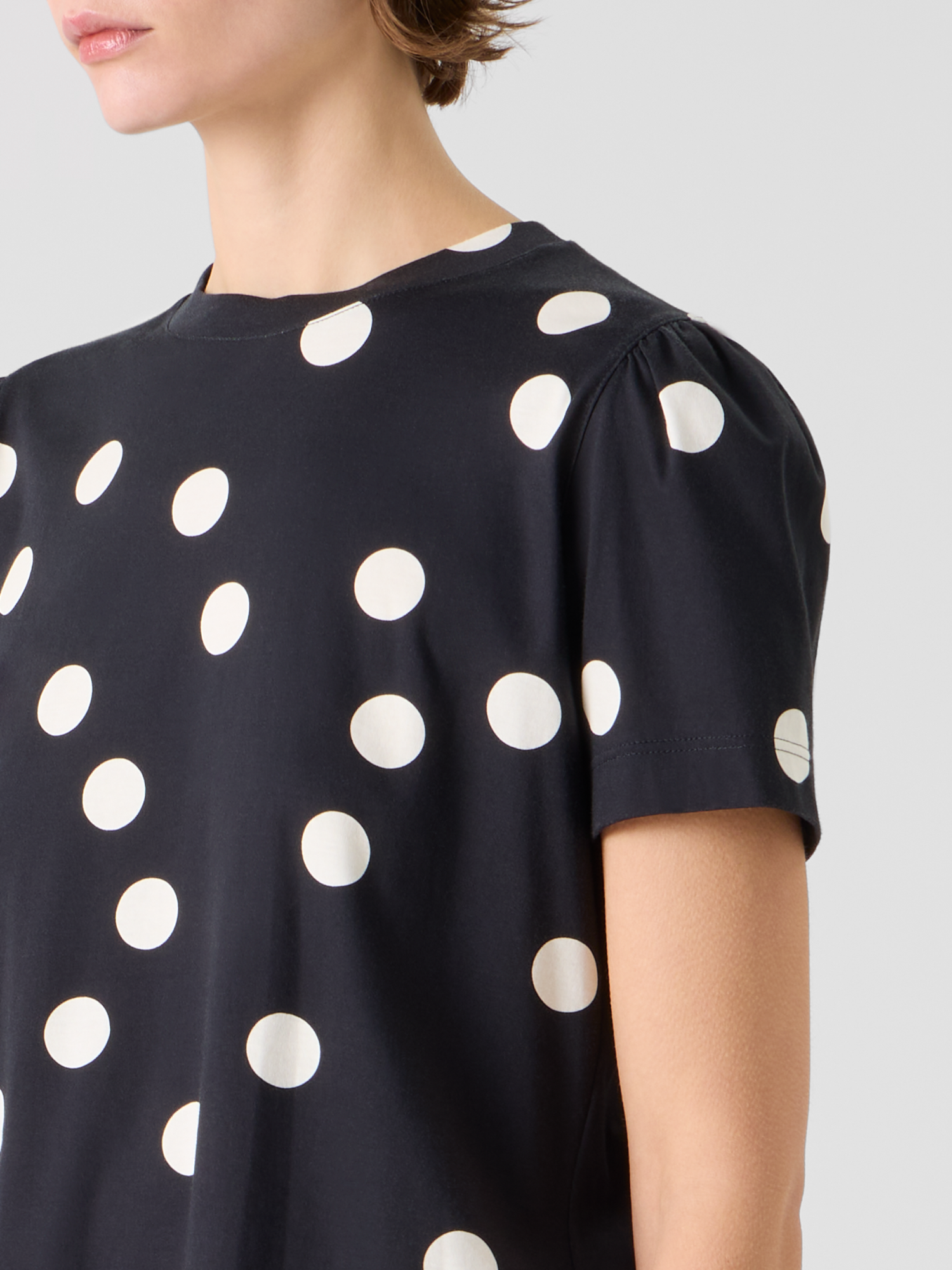 Designer Polka Dot Cotton Jersey T-Shirt with Puff Sleeves - black
