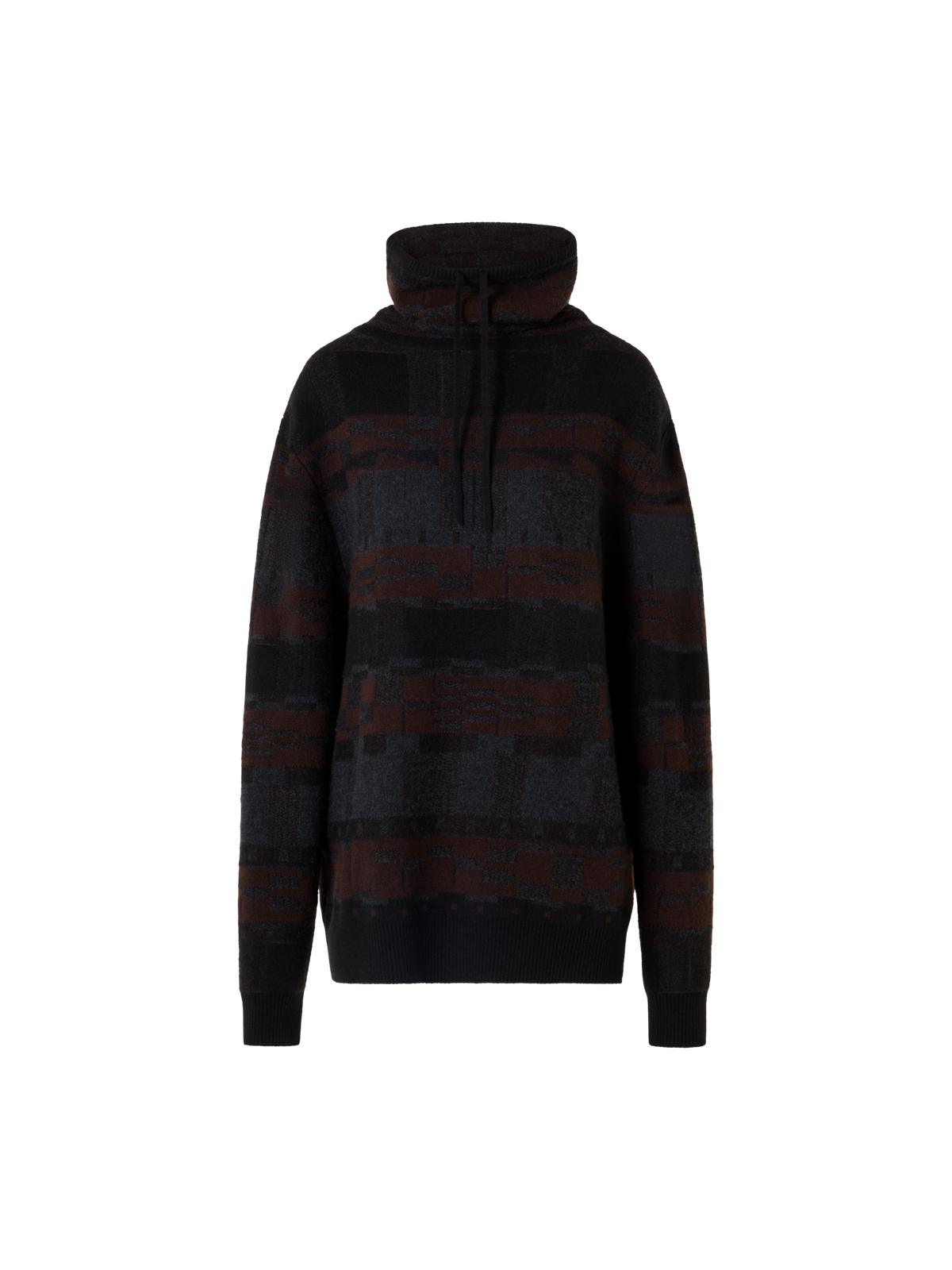 Designer Oversized Cashmere Jacquard Sweater with Drawstring Collar - brown - black