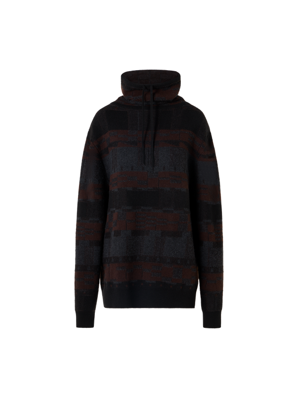 Designer Oversized Cashmere Jacquard Sweater with Drawstring Collar - brown - black