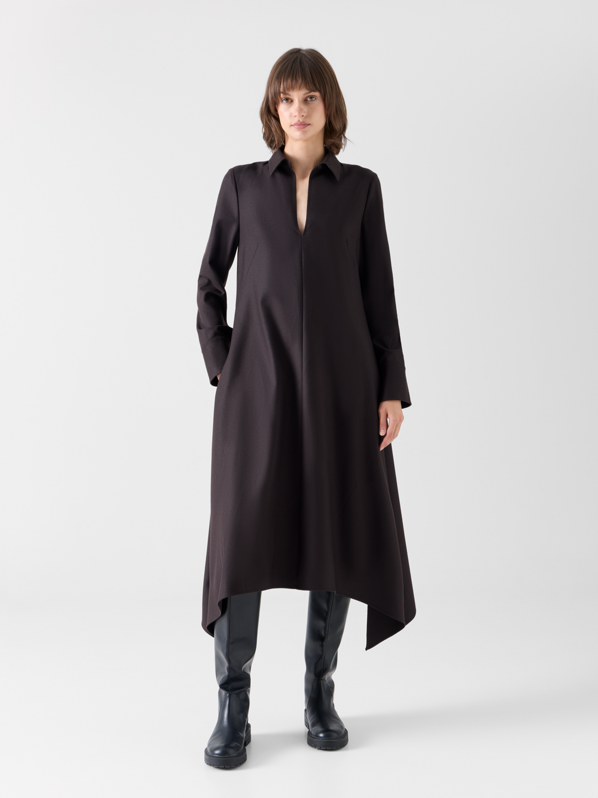 Designer Flannel Midi Dress with Handkerchief Hem - brown #editorial