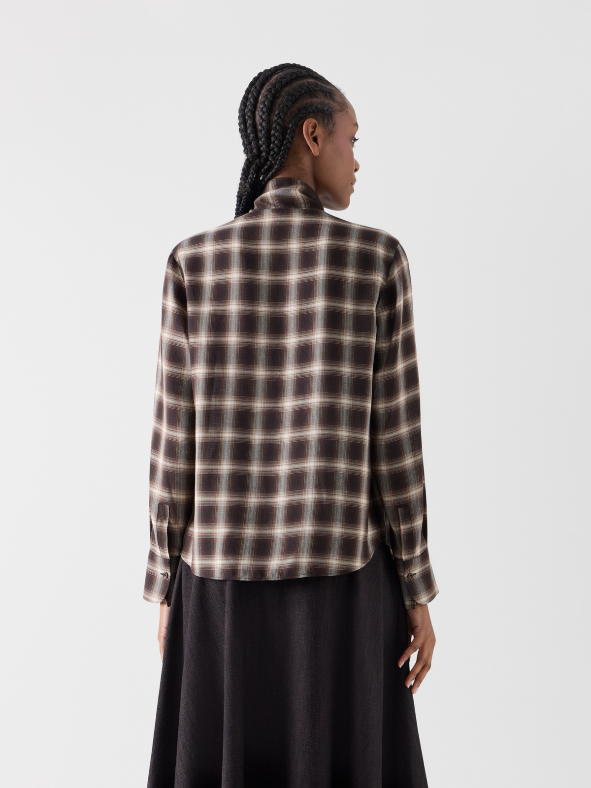 Designer Plaid Blouse in Wool Shelley with Bow Collar - brown - multicolor 