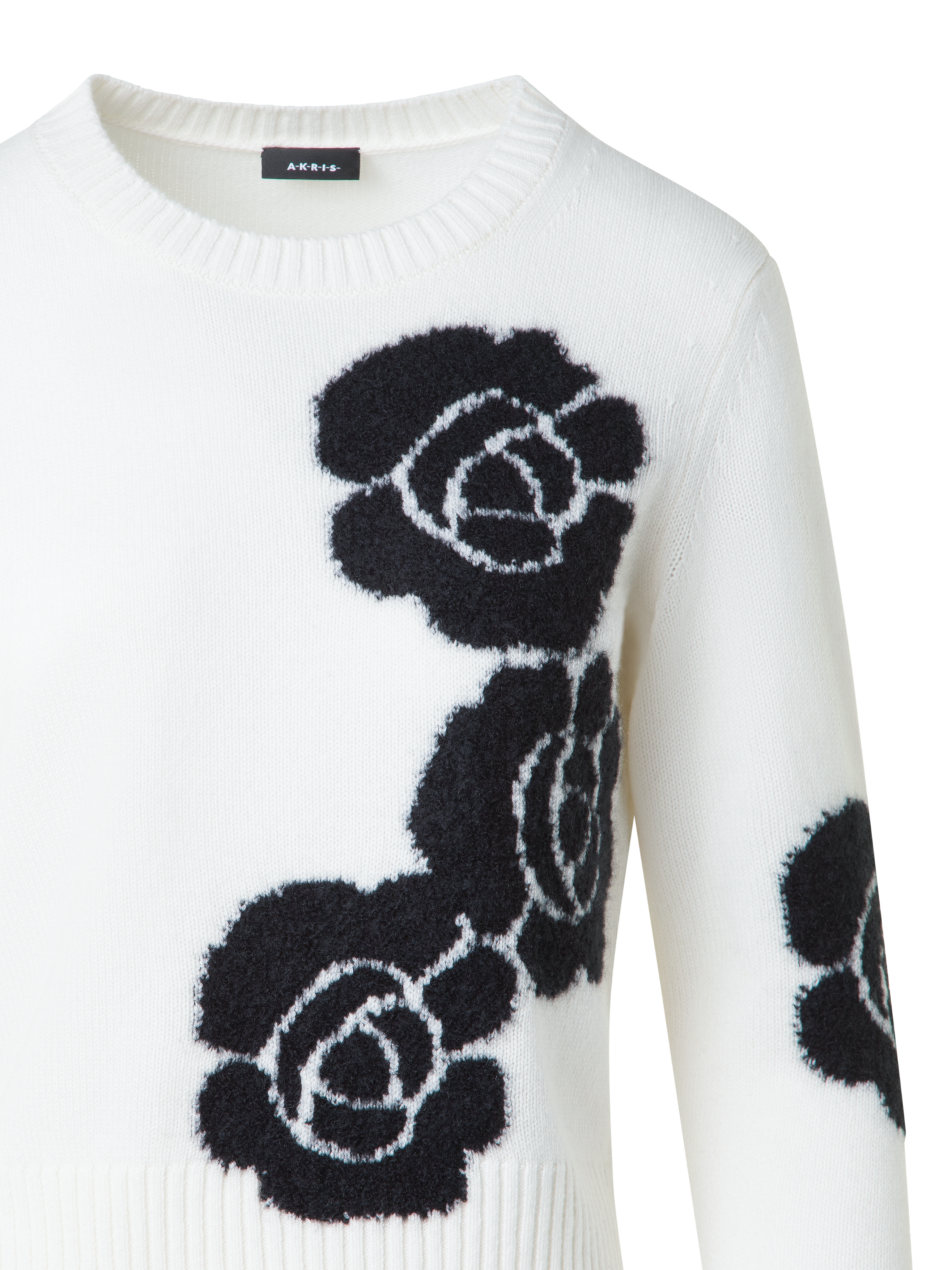 Designer Short Cashmere Sweater with Anemone Intarsia - neutral - multicolor - ecru - white