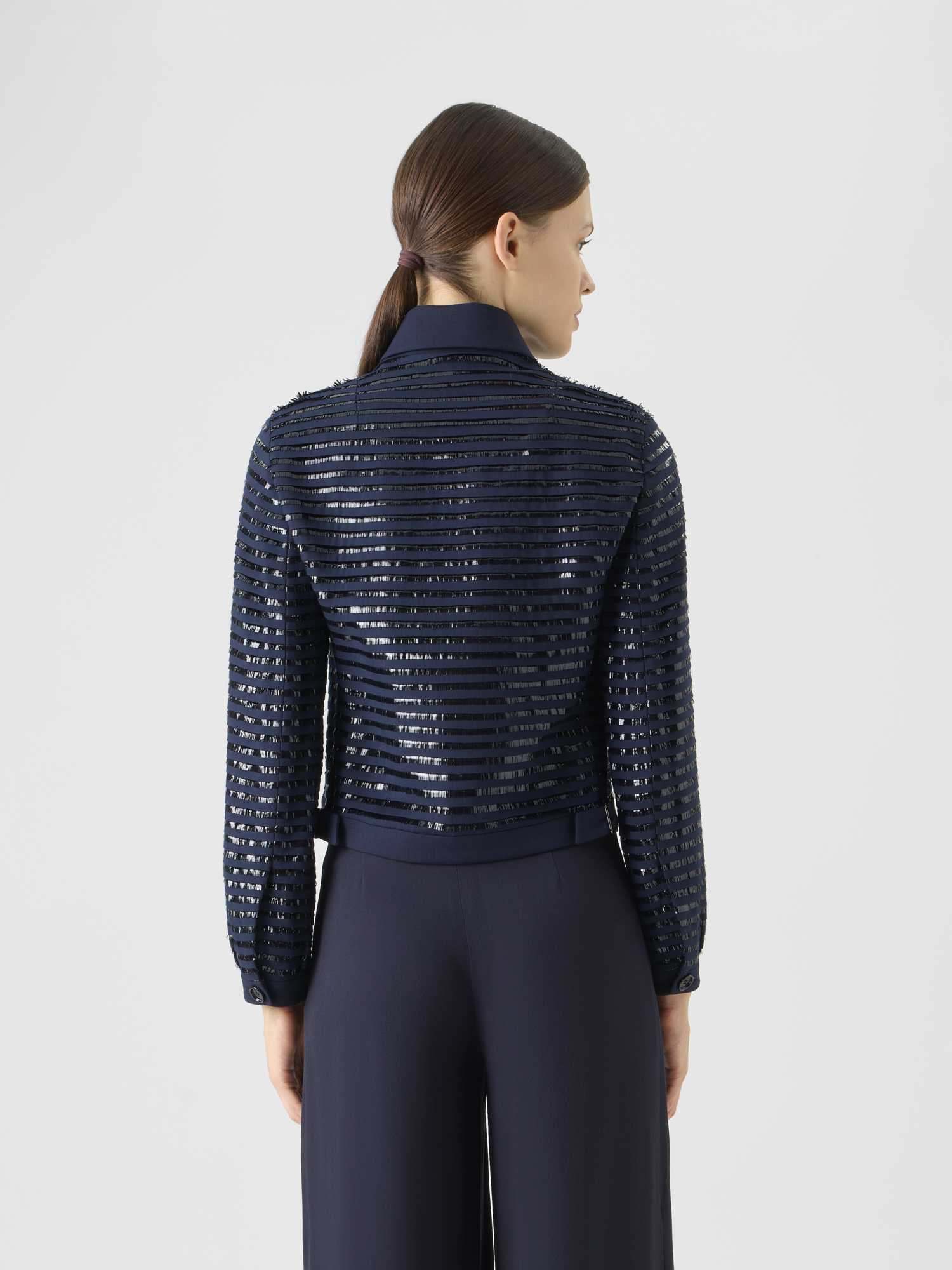 Designer Lamé Fringes Embroidered Wool Short Jacket - navy 