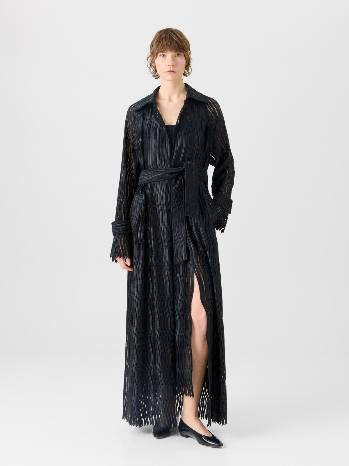 Designer Estelle Long Coat in Wave Guipure - black