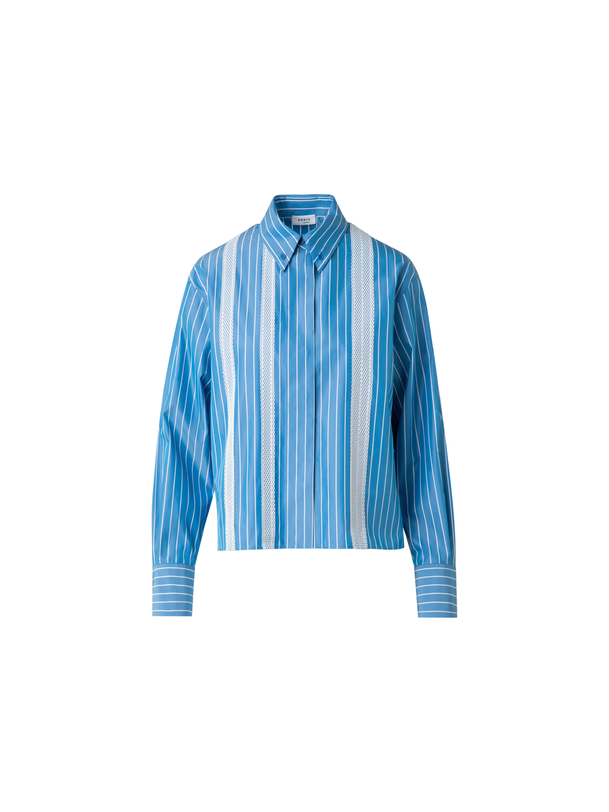 Designer Boxy Blouse in Striped Cotton with Mesh Tape - blue - multicolor