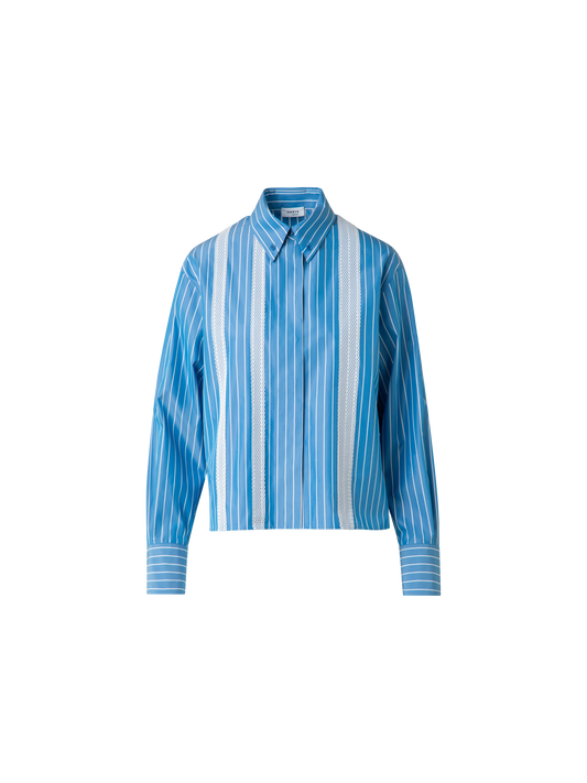 Designer Boxy Blouse in Striped Cotton with Mesh Tape - blue - multicolor