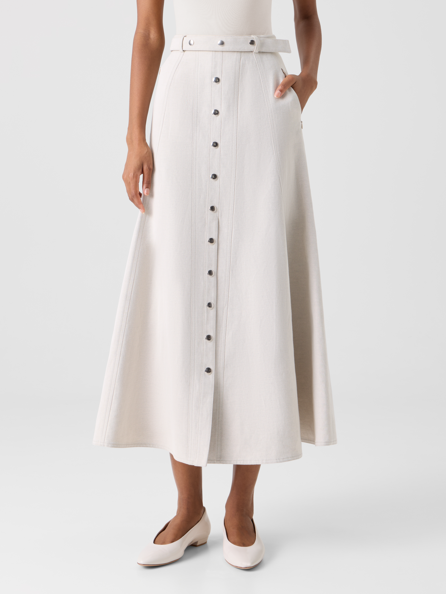 Designer A-Line Midi Button Down Skirt - grey 