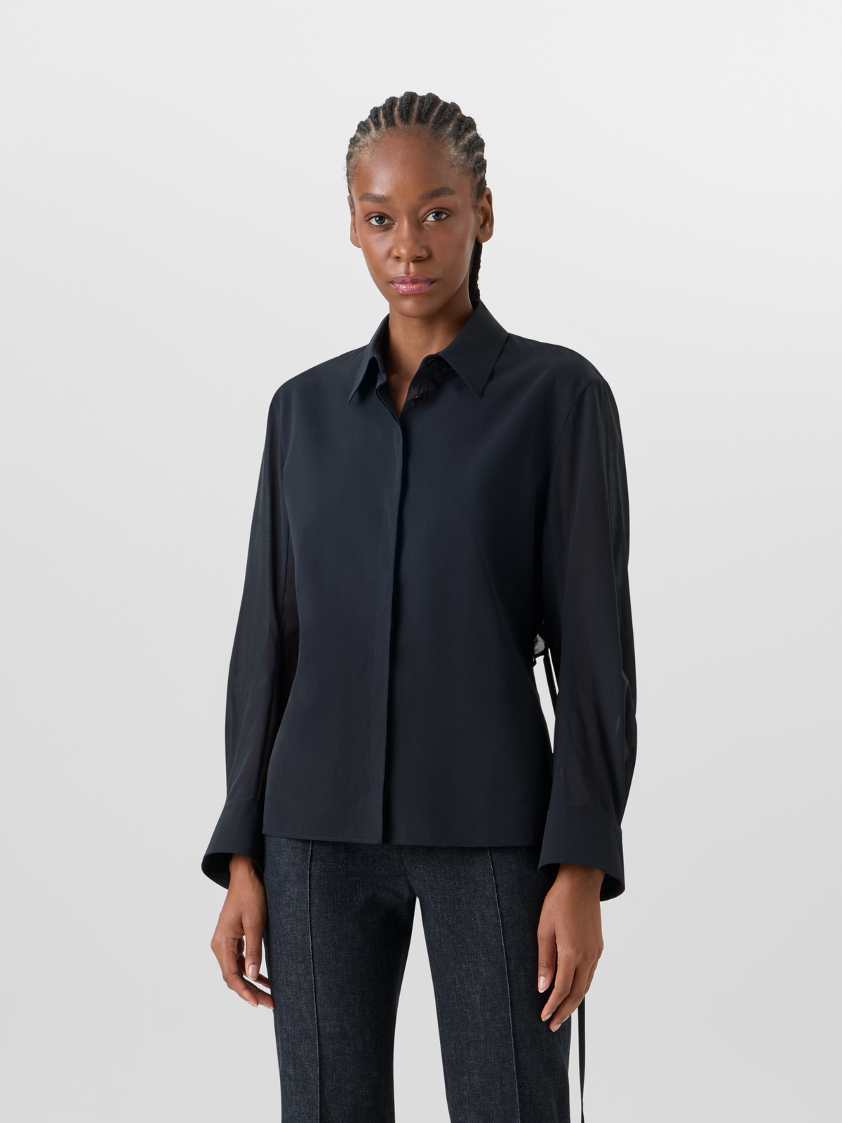 Designer Long-Sleeve Cotton Voile Blouse - black #editorial