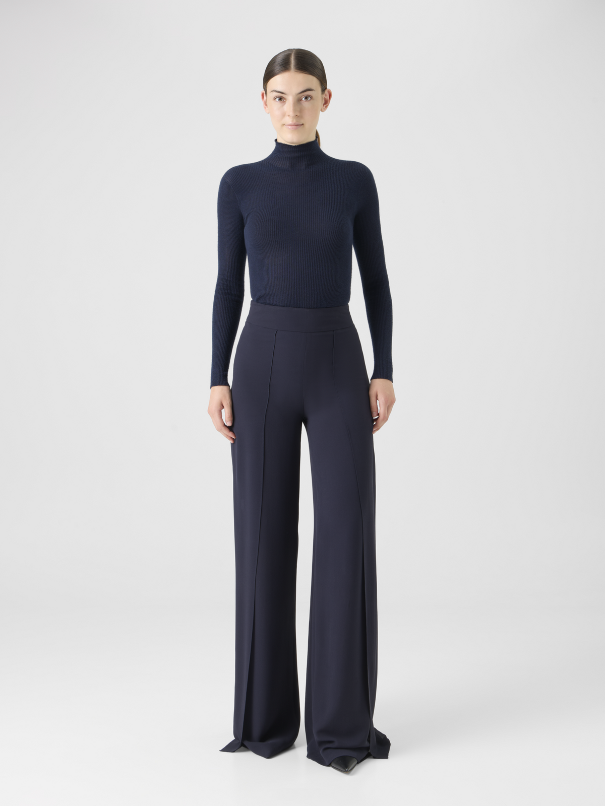 Designer Wide Silk Pants with Slits - navy #editorial