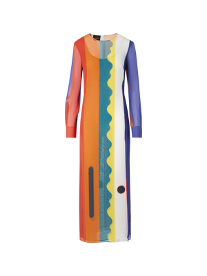 Designer Silk Long Dress with Paravent Print - multicolor