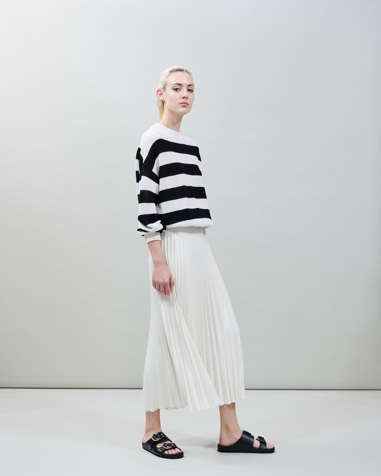 Designer Striped Cool Wool Mesh Sweater - black - neutral - multicolor - ecru - white 