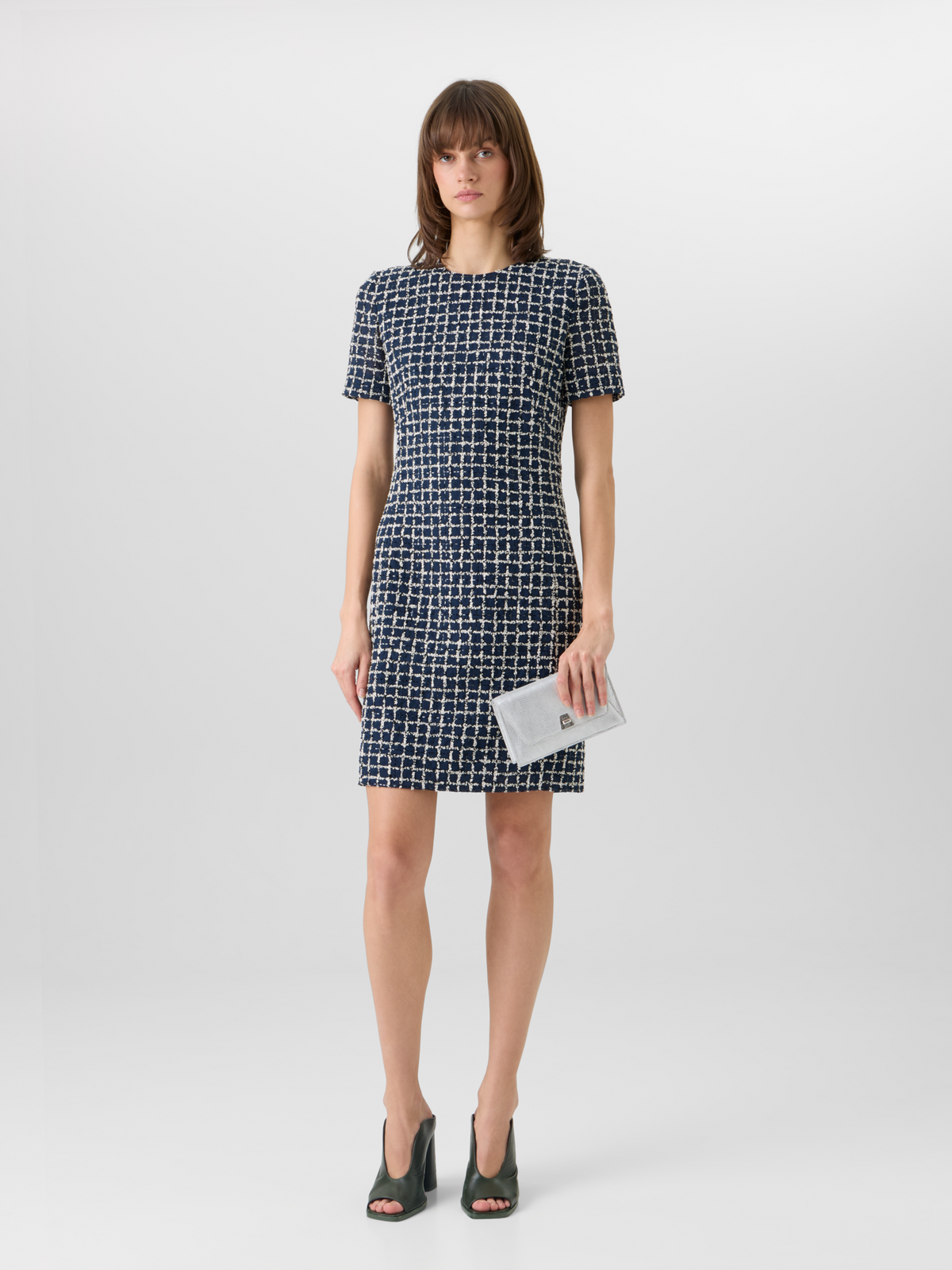 Designer Short-Sleeve Tweed Check Sheath Dress - blue 