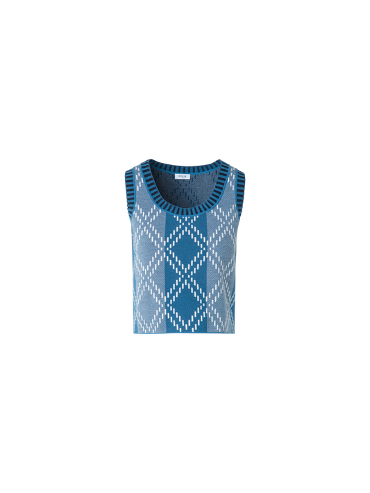 Designer Cropped Merino Knit Top with Diamond Jacquard - blue - multicolor