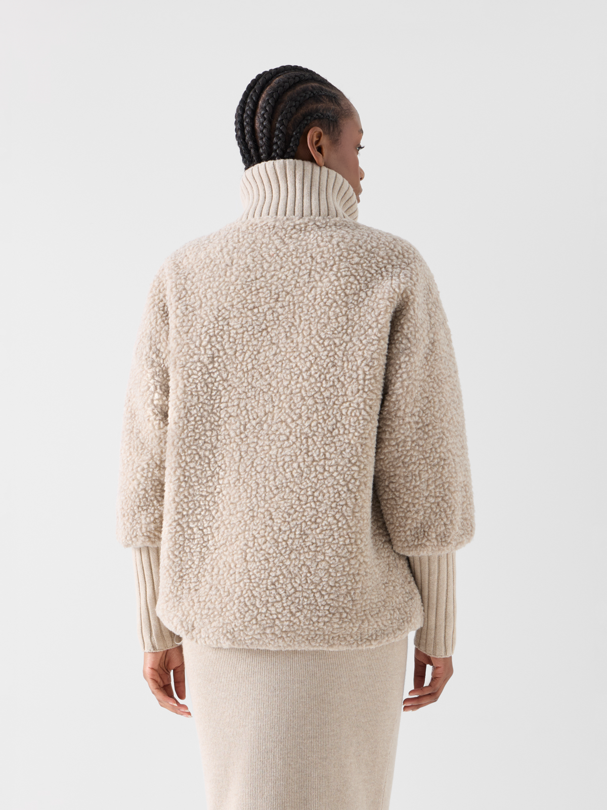 Designer Fleece Bouclé Quilted Jacket with High Knit Cuffs - beige 