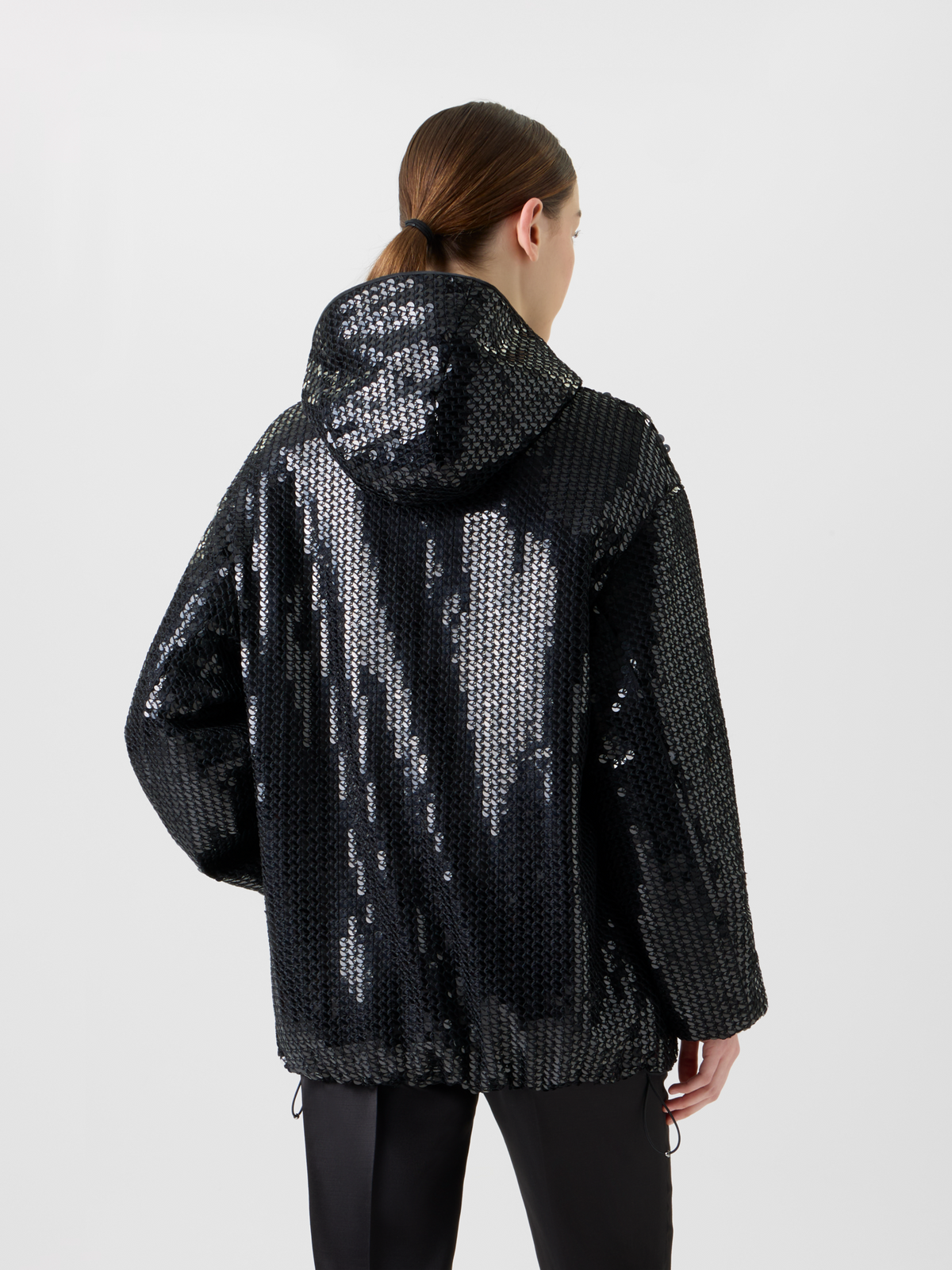 Designer Sequin Chiffon Hooded Parka - black - neutral #editorial