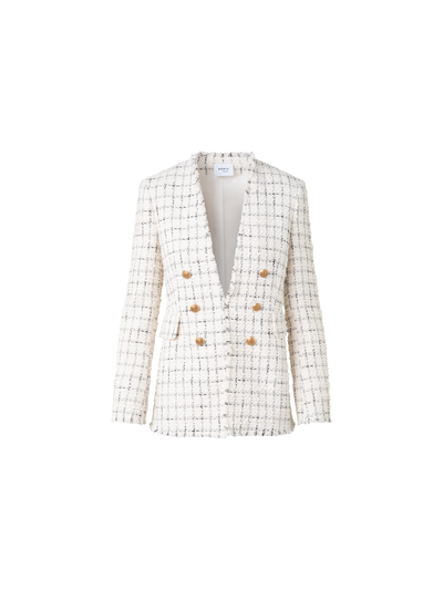 Designer Long Chunky Tweed Jacket - neutral - ecru - white