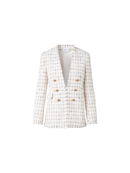 Designer Long Chunky Tweed Jacket - neutral - ecru - white