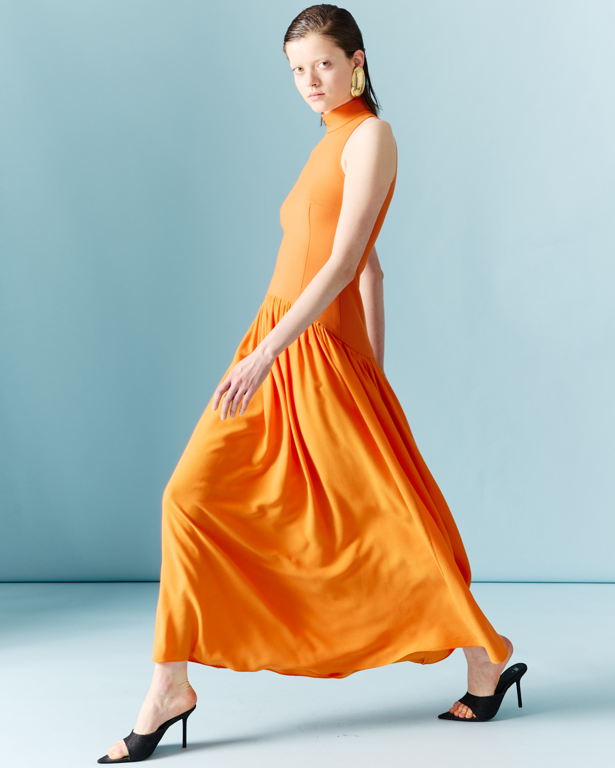 Designer Mix Media Halter Top Midi Dress - orange #editorial