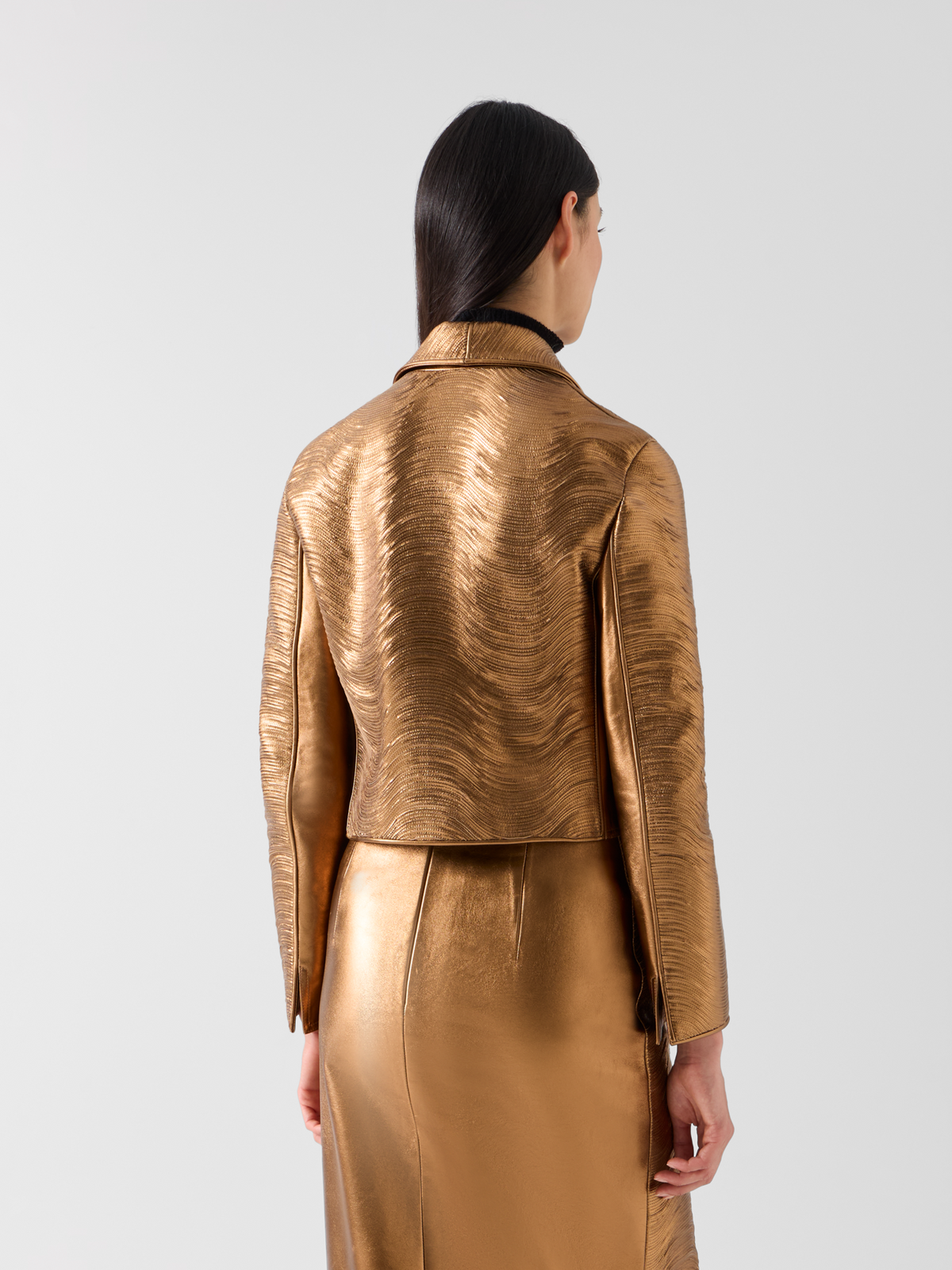 Designer Short Lamé Leather Stripe Embroidery Jacket - gold 