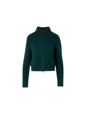 Designer Wool Cashmere Short Cardigan with Bouclé Collar - green