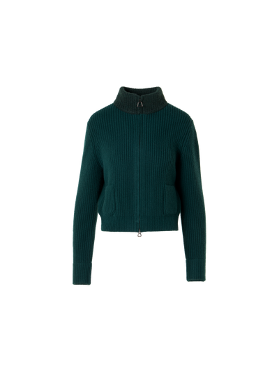 Designer Wool Cashmere Short Cardigan with Bouclé Collar - green