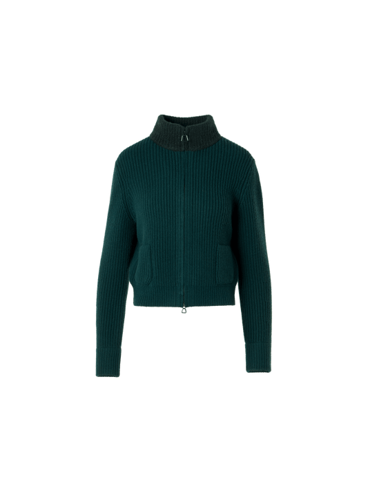 Designer Wool Cashmere Short Cardigan with Bouclé Collar - green