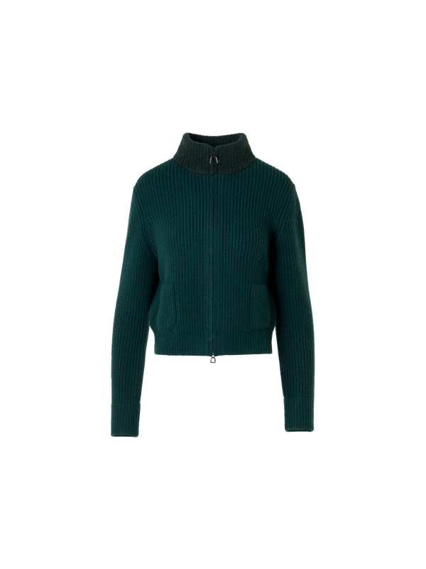 Designer Wool Cashmere Short Cardigan with Bouclé Collar - green