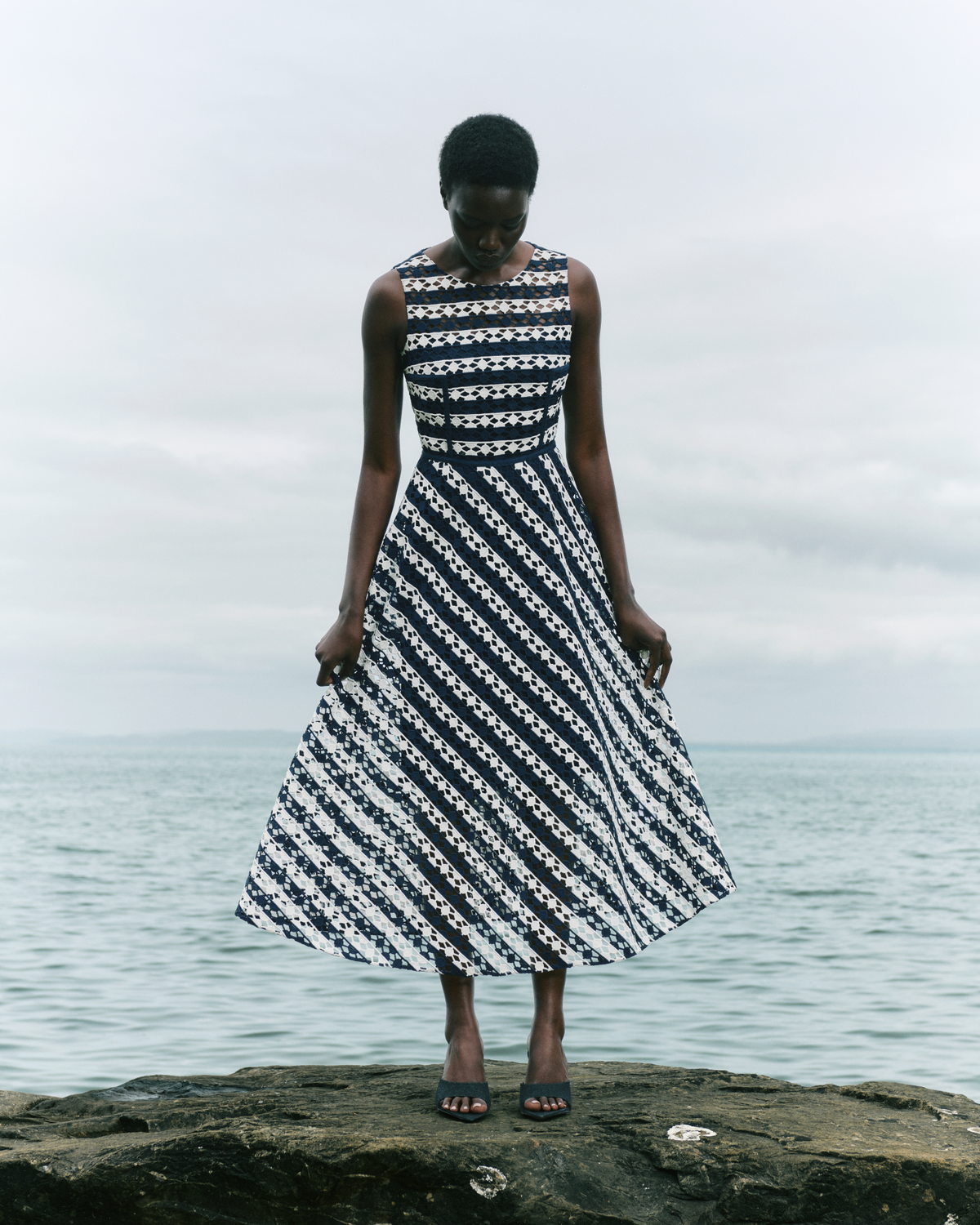 Designer Midi Dress in Stripe Embroidery - navy - blue - multicolor - ecru #editorial