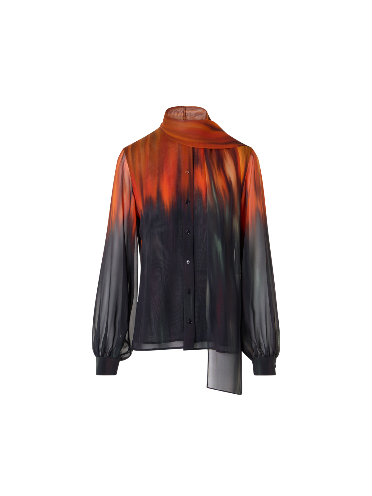 Designer Silk Blouse with Fuego Negro Print and Scarf - multicolor - black - orange - red