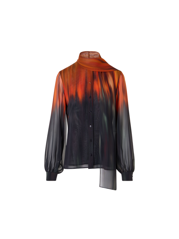 Designer Silk Blouse with Fuego Negro Print and Scarf - multicolor - black - orange - red
