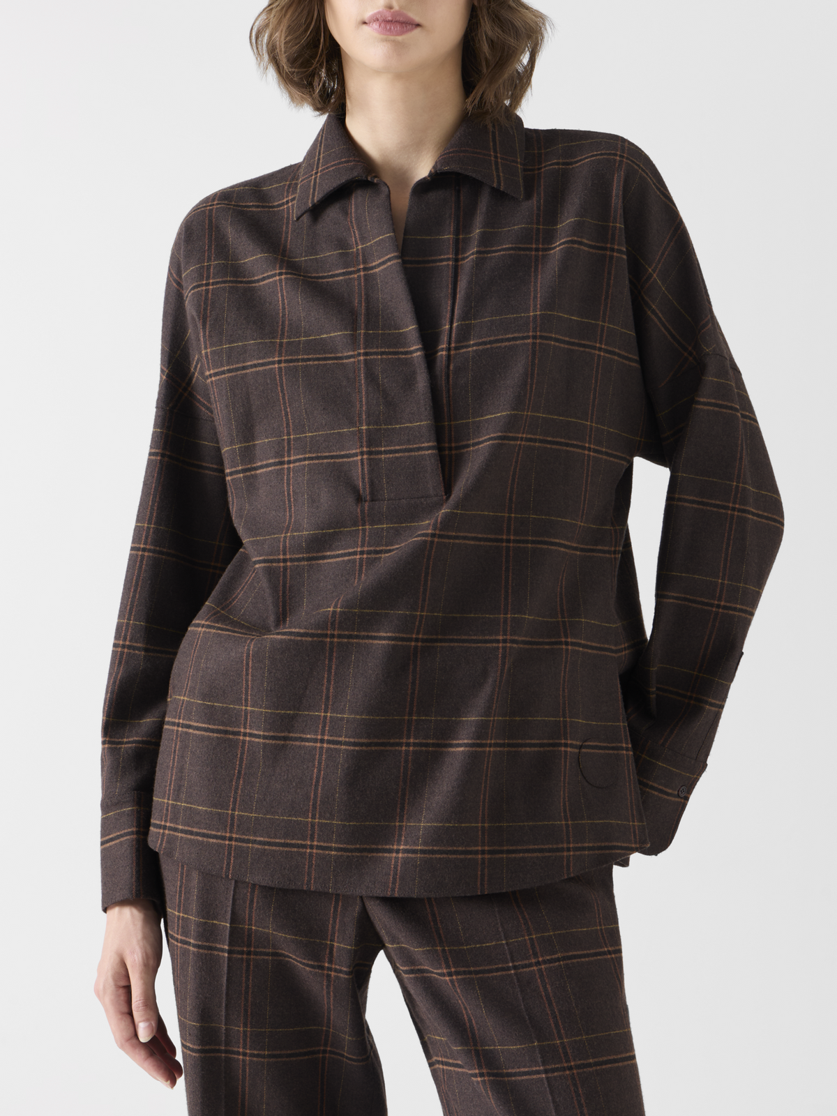 Designer Boxy Check Blouse in Flannel - brown 