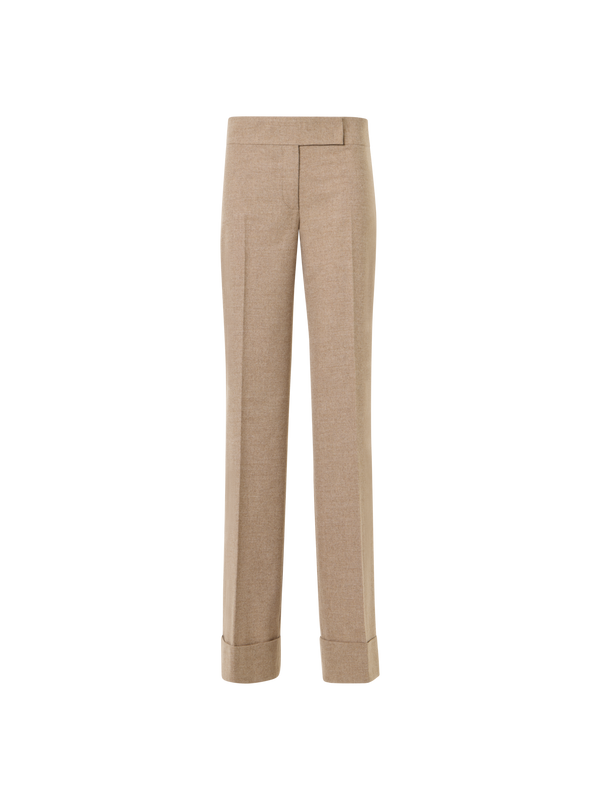 Designer Wide Leg Wool Flannel Pants with High Cuff - beige