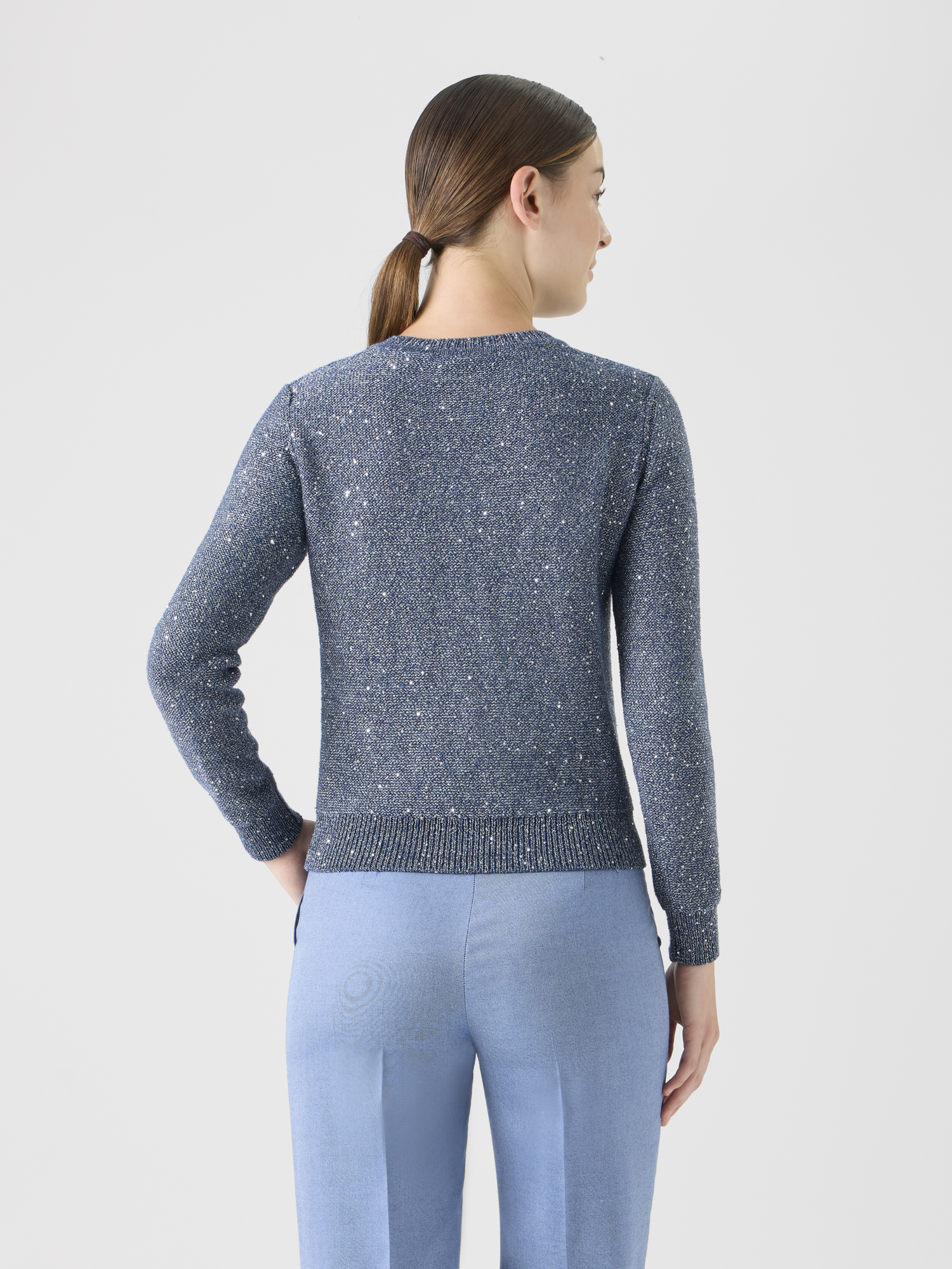Designer Knit Sweater in Linen Cotton with Micro Sequins - blue 