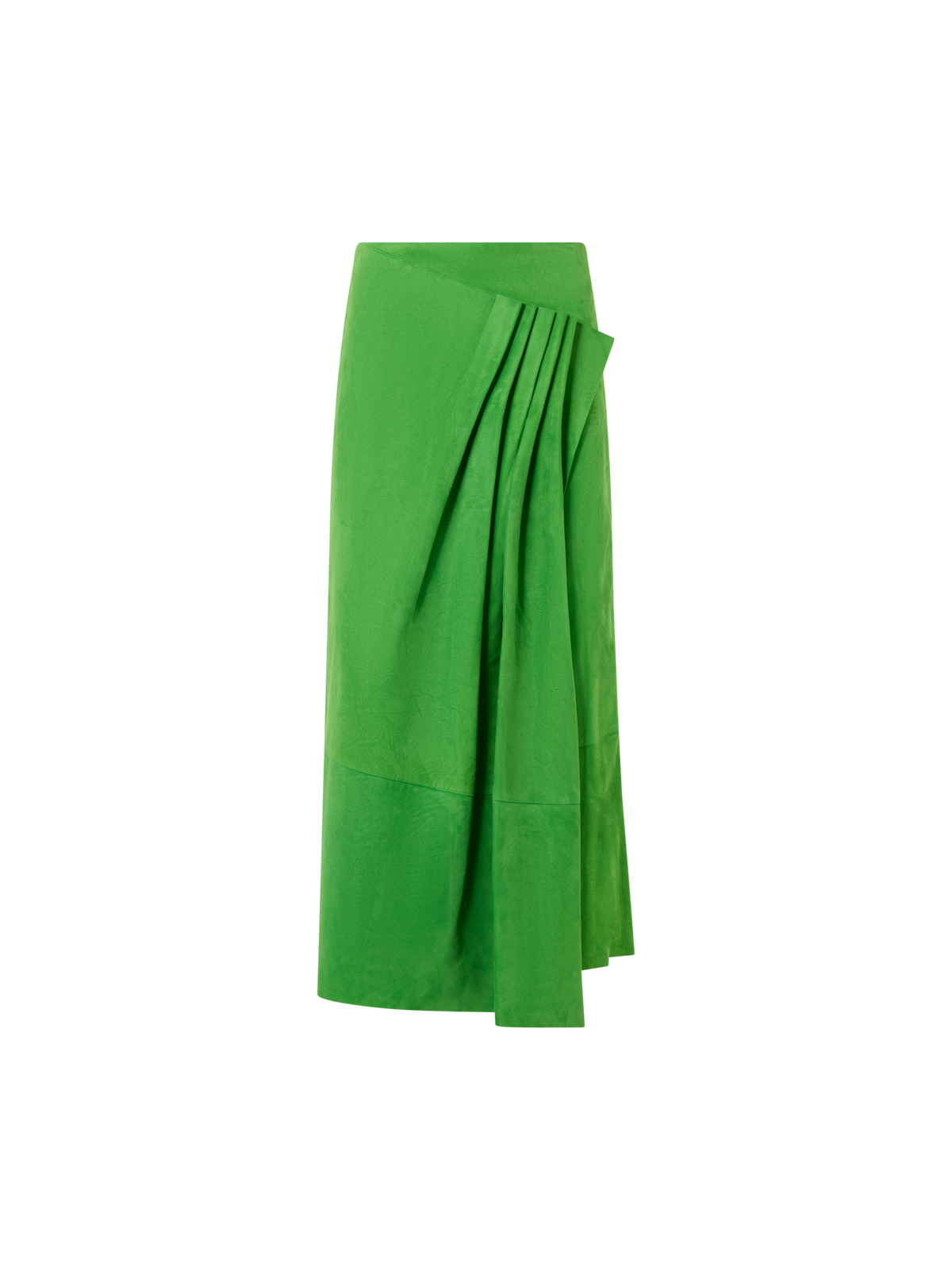 Designer Asymmetrical Skirt with Front Gathering in Suede - green